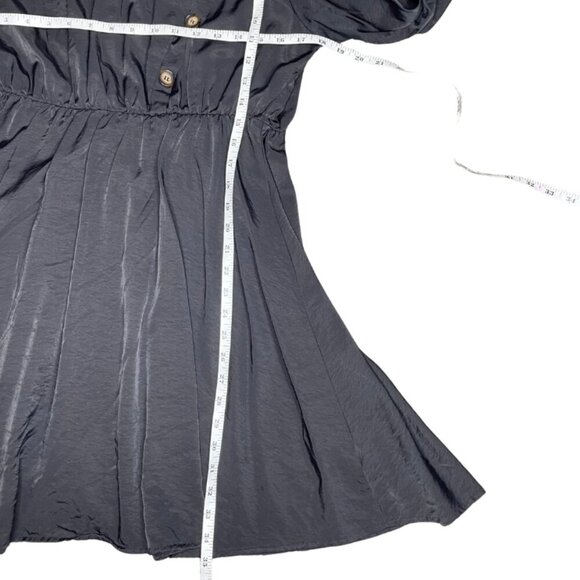 SHEIN Black Shiny High Neck Button Pleated Balloon Ruched Sleeve Dress Zip XL - Picture 6 of 9